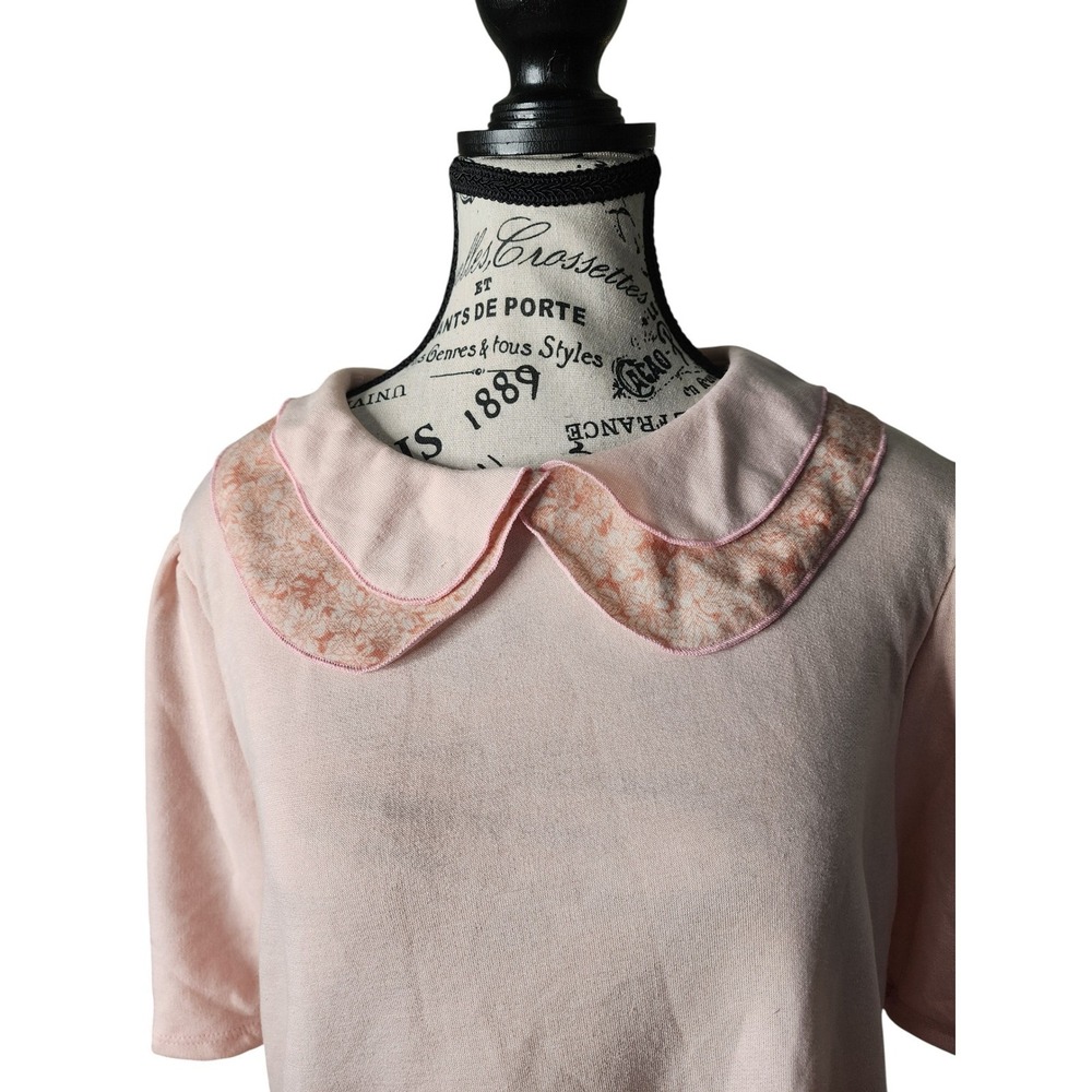 Haptics Holly Harper Blush Floral French Terry Double Collar Puff Sleeve Top L